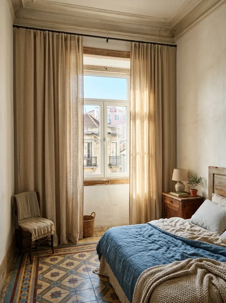 Small window with ceiling-height linen curtains dramatically increasing room height in a Lisbon apartment.