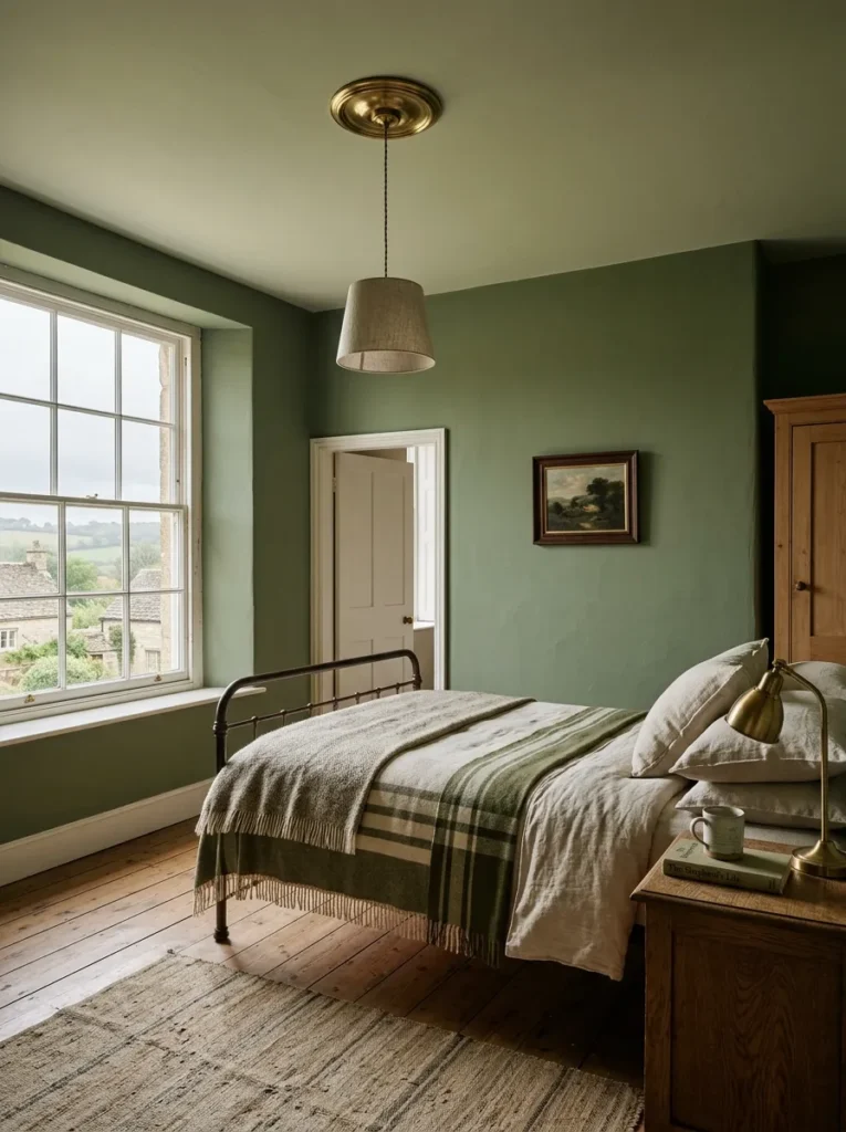 Cotswolds bedroom with sage walls and tonal lighter ceiling creating a cocooning peaceful bedroom effect.