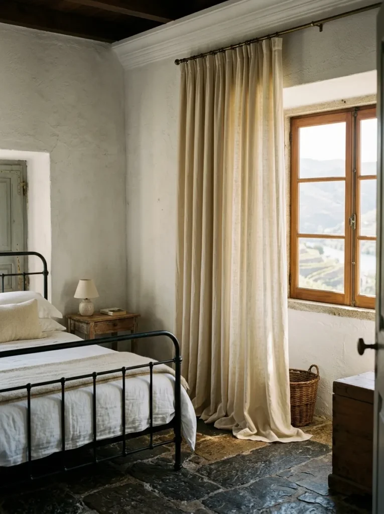 Ivory linen curtains pooling on stone floor in a Douro Valley quinta bedroom hung from ceiling-height rod.
