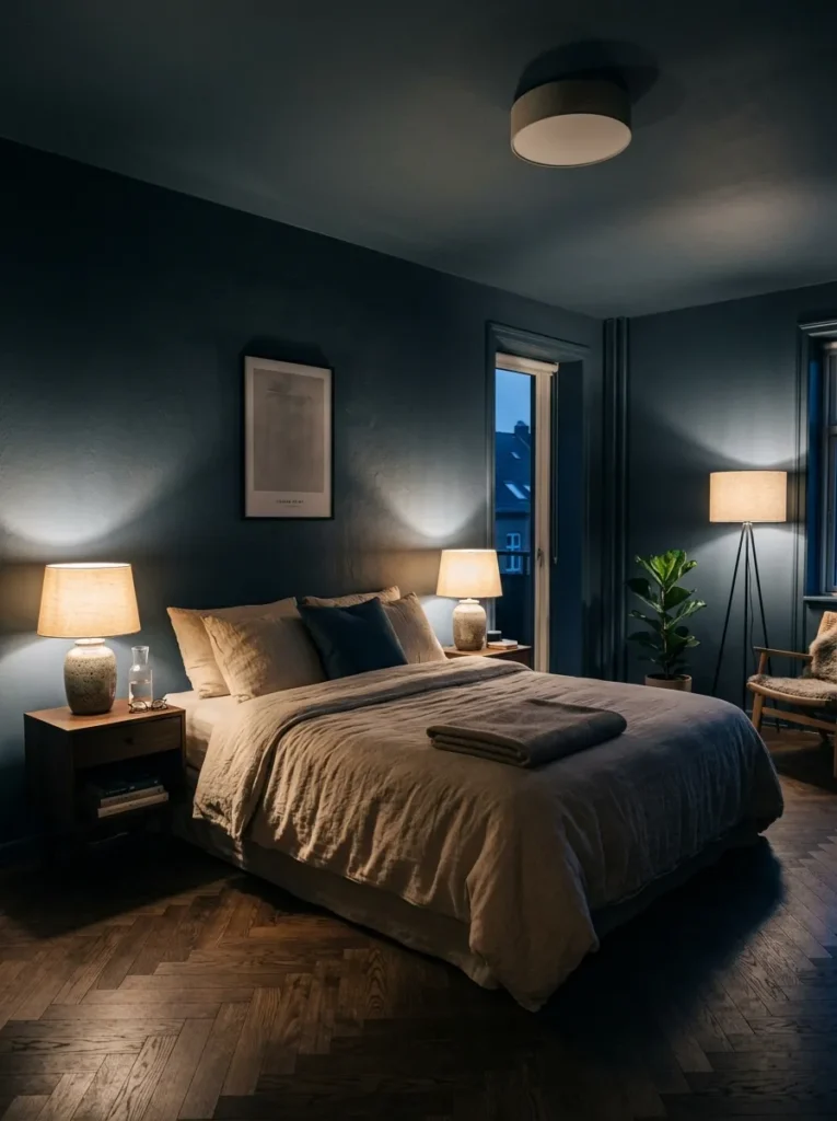 Three independently dimmed warm light sources in a calm Copenhagen bedroom with dark oak parquet flooring.