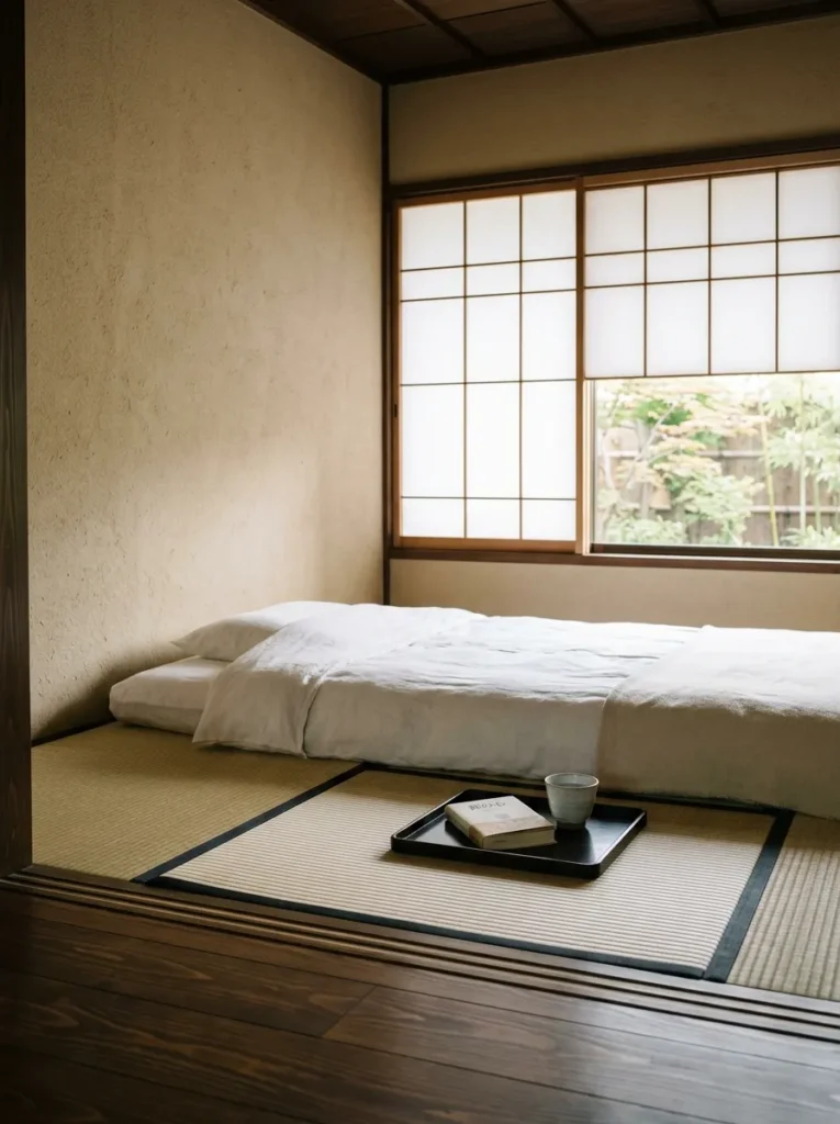 Edited near-empty Japanese bedroom with low futon, single bedside tray, and washi plaster walls in Kyushu.