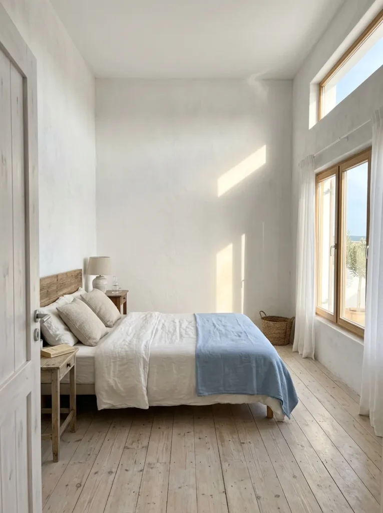 Deliberately empty whitewashed wall in a Comporta beach house bedroom providing a visual rest point.