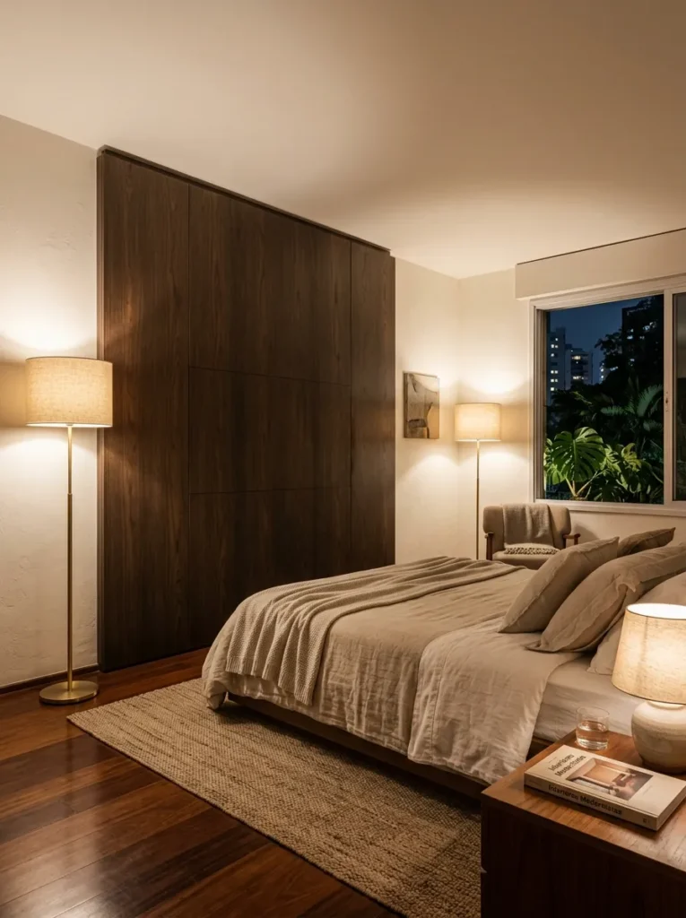 Television hidden inside a smoked oak floor-to-ceiling cabinet in a calm São Paulo bedroom interior.