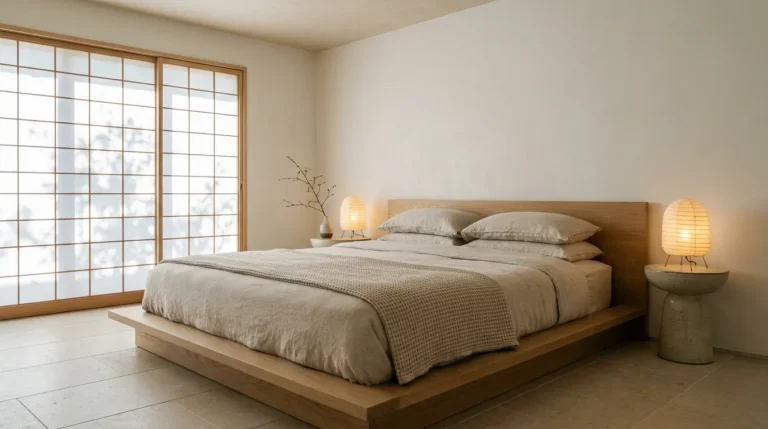 linen bed in a Layered warm neutral calm bedroom with low platform frame and soft morning light.