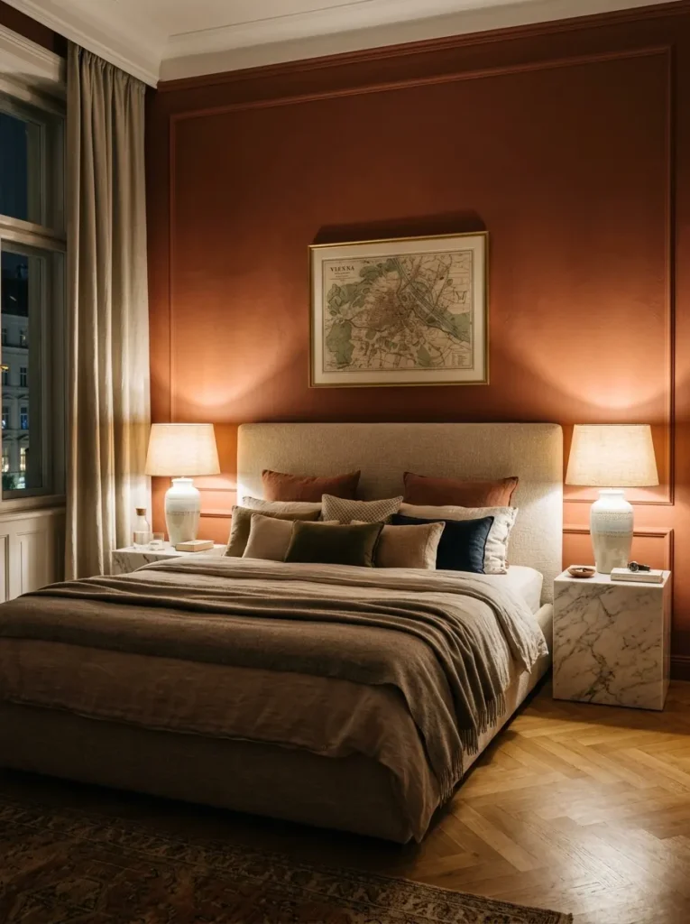 Identical ceramic bedside lamps on marble nightstands in perfect symmetry in a warm Viennese bedroom.