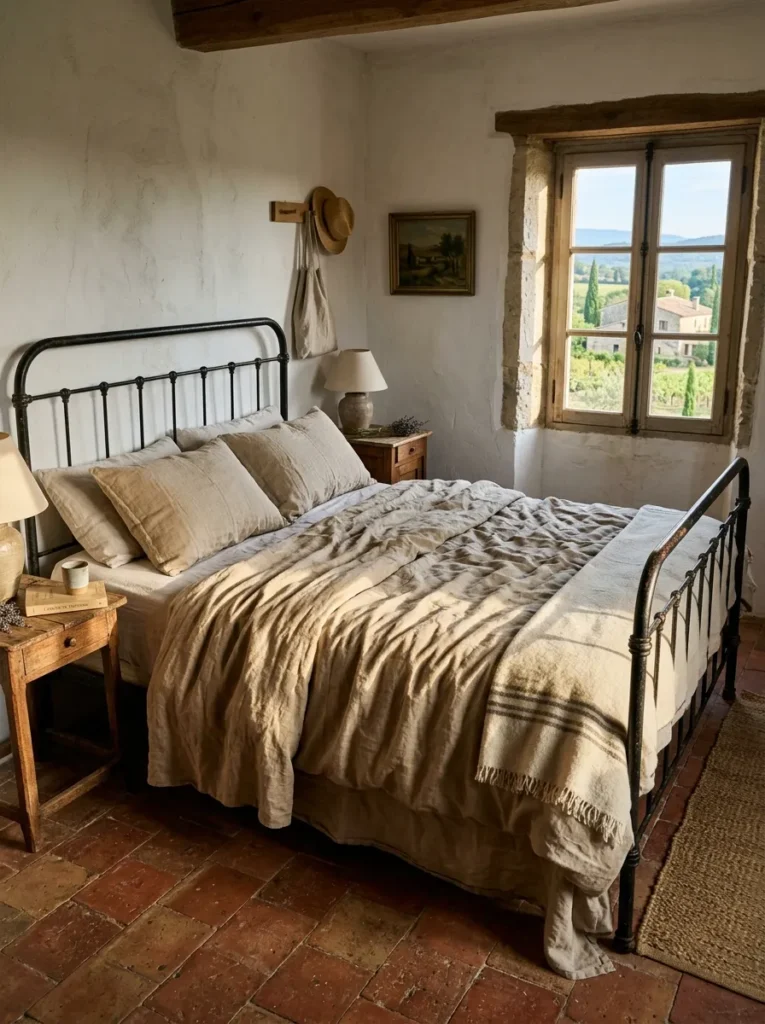 Undyed natural linen duvet in a Provençal farmhouse bedroom with terracotta tile and aged iron bed frame.