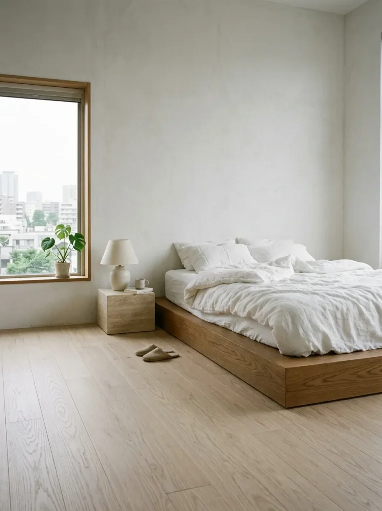 Low smoked oak platform bed at 14 inches height in a minimalist Tokyo bedroom with pale ash flooring.