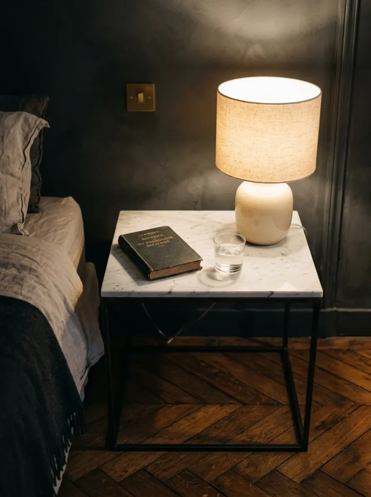 Marble nightstand with lamp, water glass, and single book — three objects only — in a Parisian bedroom.