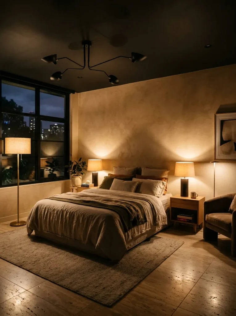 Melbourne calm bedroom with overhead light unused and two floor lamps creating warm eye-level evening atmosphere.