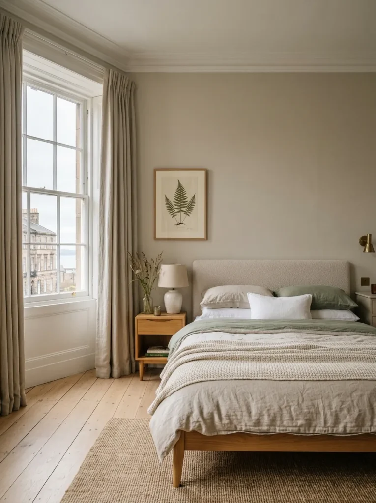Georgian bedroom painted in warm greige at high LRV with linen curtains and bouclé headboard in Edinburgh.