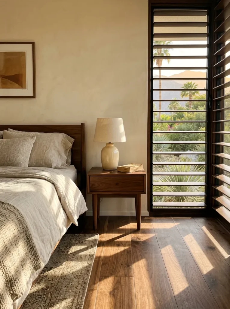 Warm walnut bedroom palette built from floor undertone with limewash walls and undyed linen bedding.