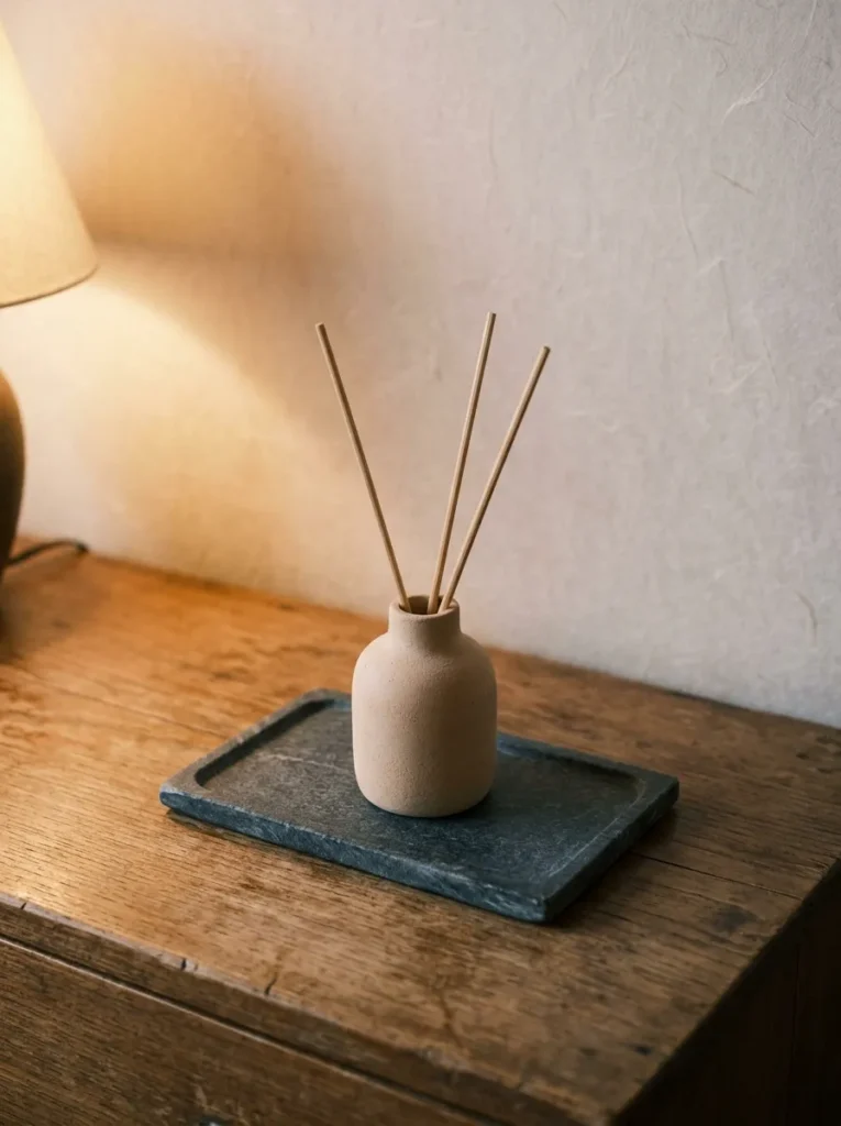 Single ceramic reed diffuser on a honed soapstone tray on a bedroom dresser in a calm Japanese interior.
