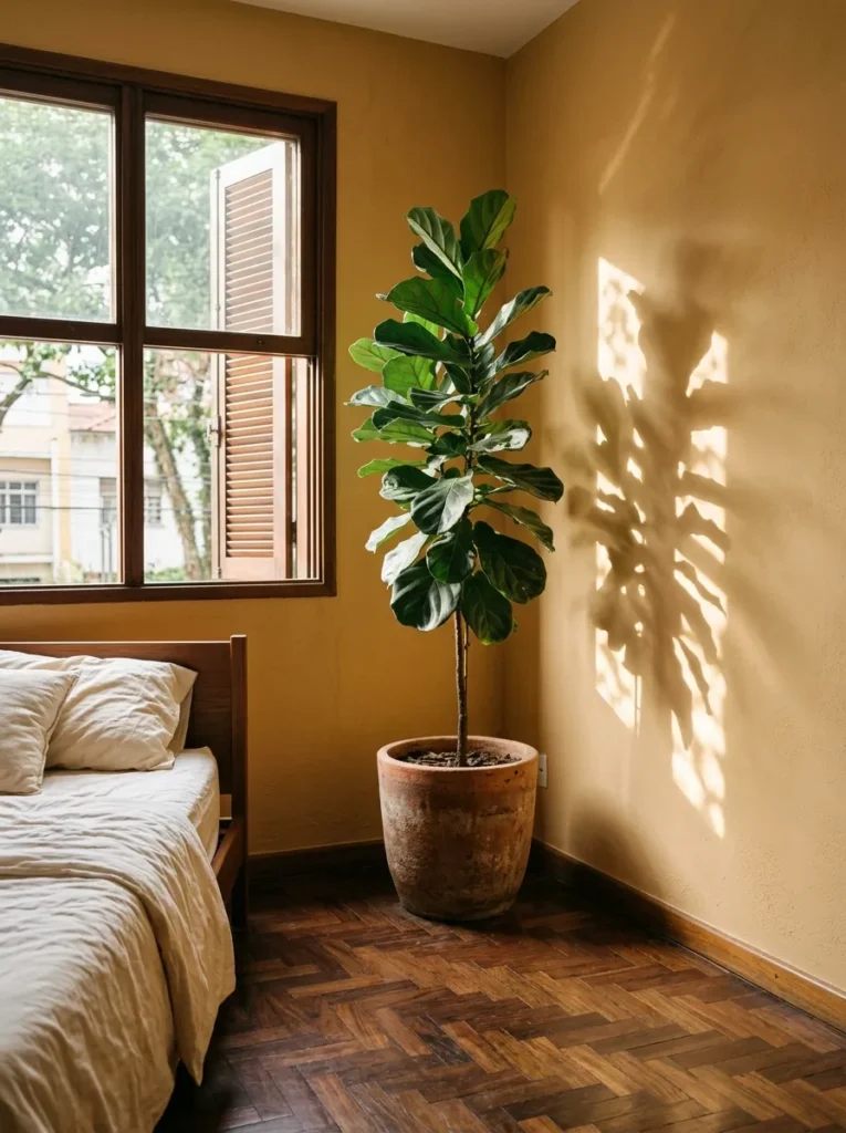 Mature fiddle-leaf fig in terracotta pot in the far corner of a São Paulo mid-century bedroom with teak bed.