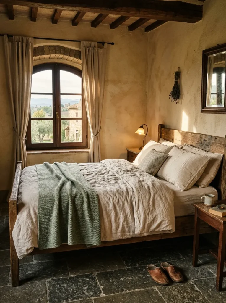 Stone-washed oatmeal cotton bedding with warm linen and knit throw in an Umbrian farmhouse stone bedroom.