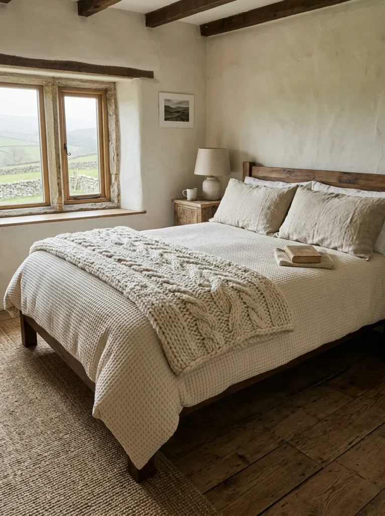 Three-texture bed in waffle cotton, linen, and chunky knit within a single warm tonal palette in Yorkshire.