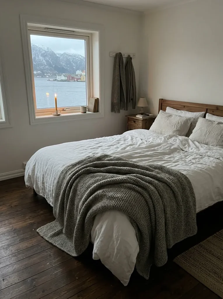 Heavy undyed grey wool throw folded across the foot of a white linen bed in a Norwegian bedroom in Bergen.