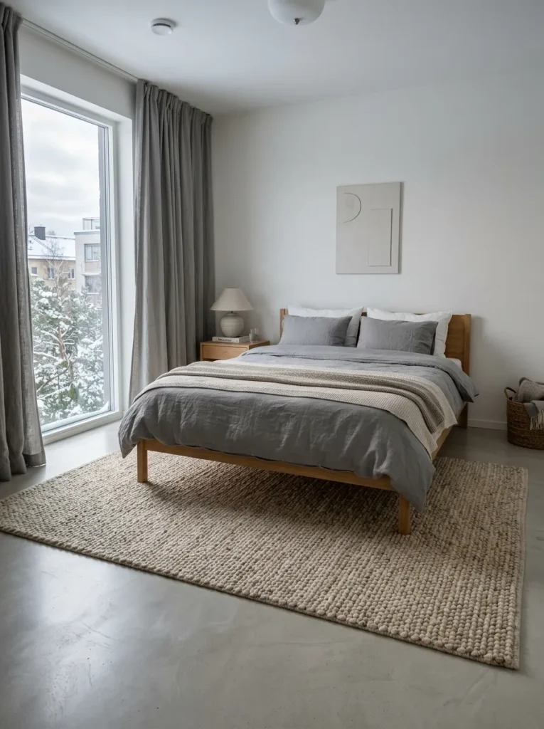 Hand-knotted wool rug extending beyond the bed on cool concrete flooring in a Stockholm calm bedroom.
