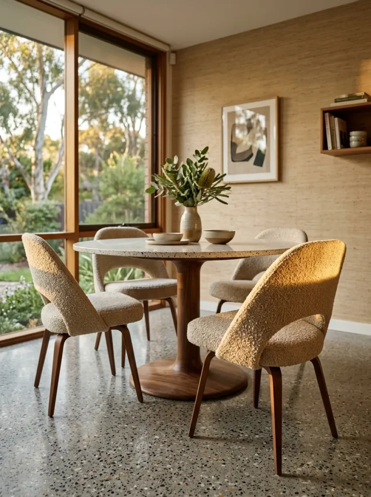 Oatmeal bouclé upholstered chairs around a terrazzo-topped table in a mid-century Melbourne dining room.
