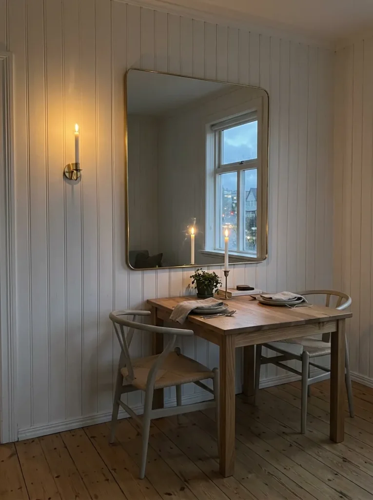 Thin brass-edged mirror reflecting candlelight opposite the window in a Reykjavik minimalist dining room.