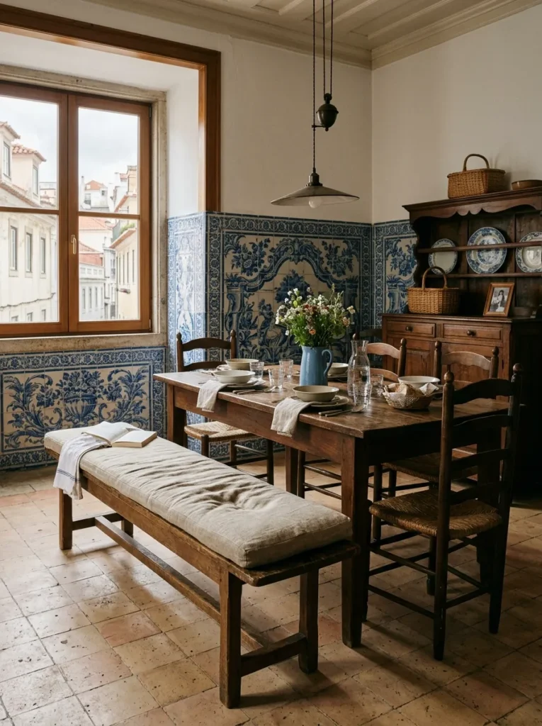 Linen-upholstered wood bench replacing chairs on one side of a table in a Lisbon tiled dining room.