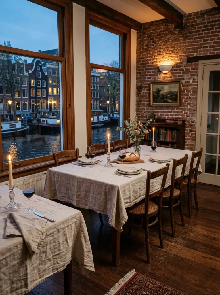 Stonewashed linen tablecloth draped over a walnut table in an Amsterdam canal house dining room.