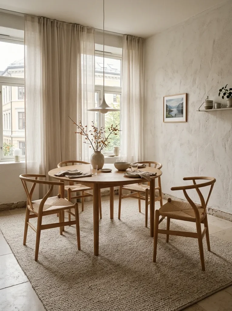 Low-pile neutral wool rug extending beyond a round table in an Oslo Scandinavian dining room.