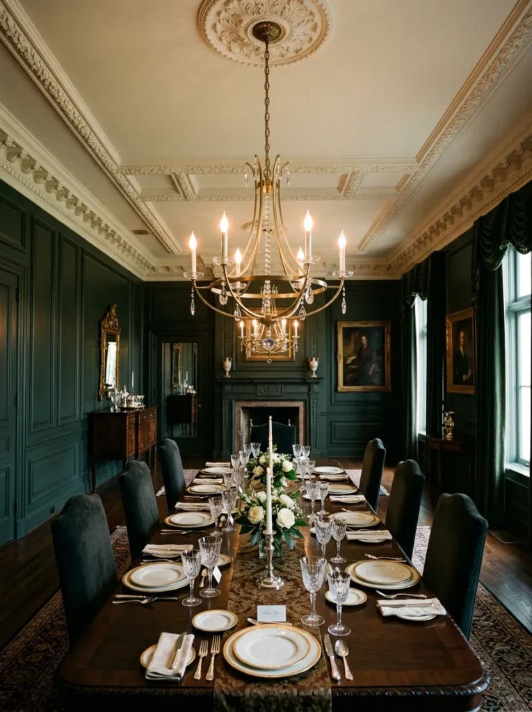 Six-arm candelabra chandelier above a long dark dining table in a formal room with dark green panelled walls and crown moulding