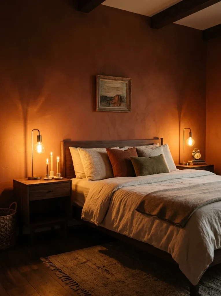 Earthy bedroom glowing warmly at evening with filament table lamps and lit candles on the nightstand