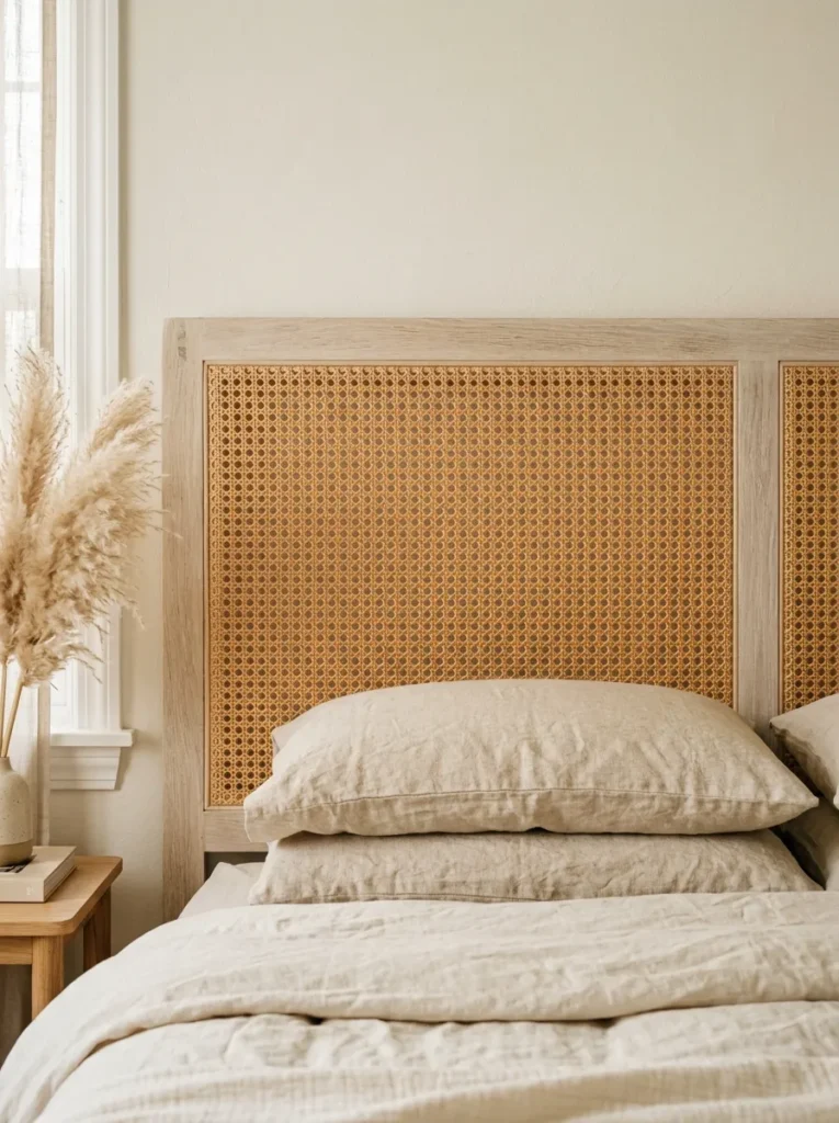 Natural cane-panel headboard with a diamond weave pattern in bleached wood frame against a white coastal bedroom wall
