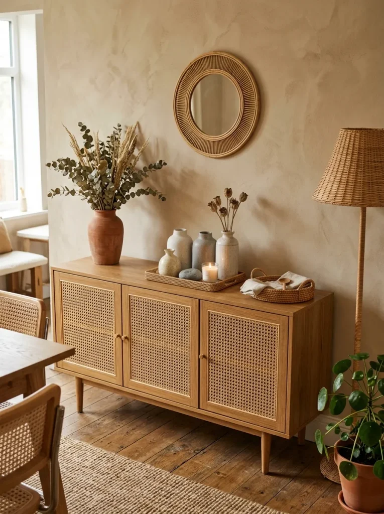 Cane-panel sideboard in a boho dining room styled with ceramic vessels, a rattan tray, and dried eucalyptus in a terracotta vase
