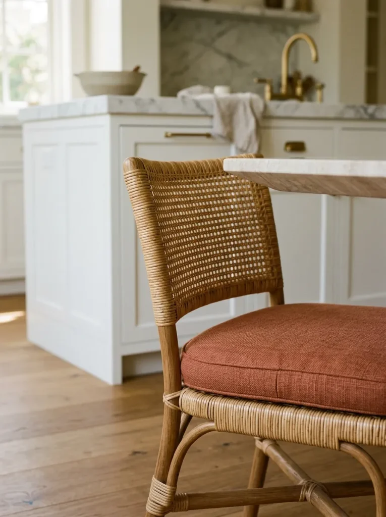 Cane rattan dining chair with terracotta linen cushion beside a white kitchen island, showing material contrast between dining and kitchen zones