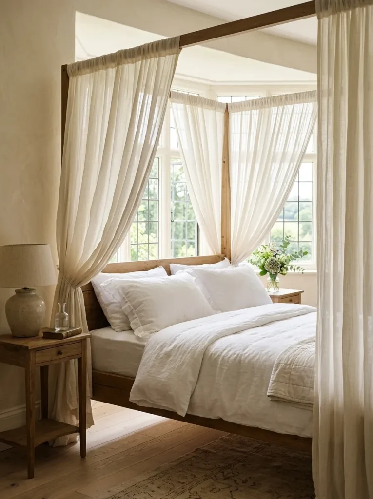  Four-poster bed with loosely gathered unlined muslin canopy panels in a romantic vintage bedroom