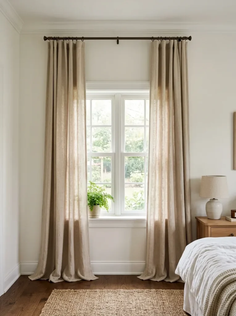 Bedroom window with curtain rod mounted just below the ceiling line, floor-length linen panels making the window appear taller
