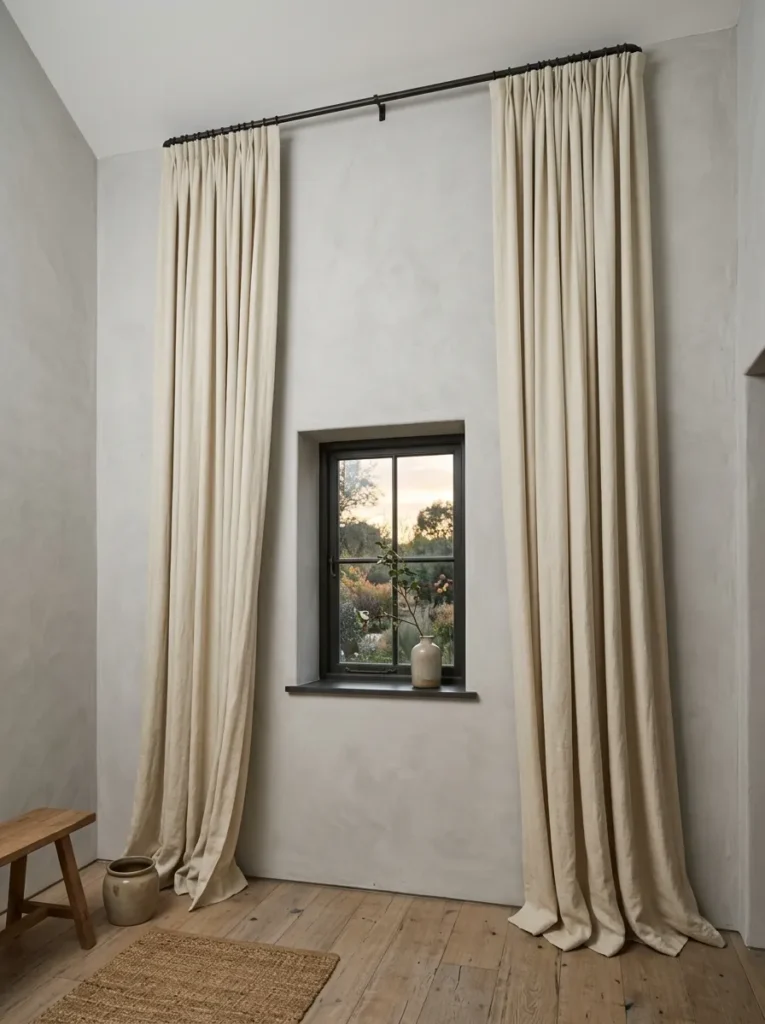 Apartment bedroom showing a ceiling-height curtain rod with floor-length ivory linen curtains above a small window, the height difference between window and rod clearly visible
