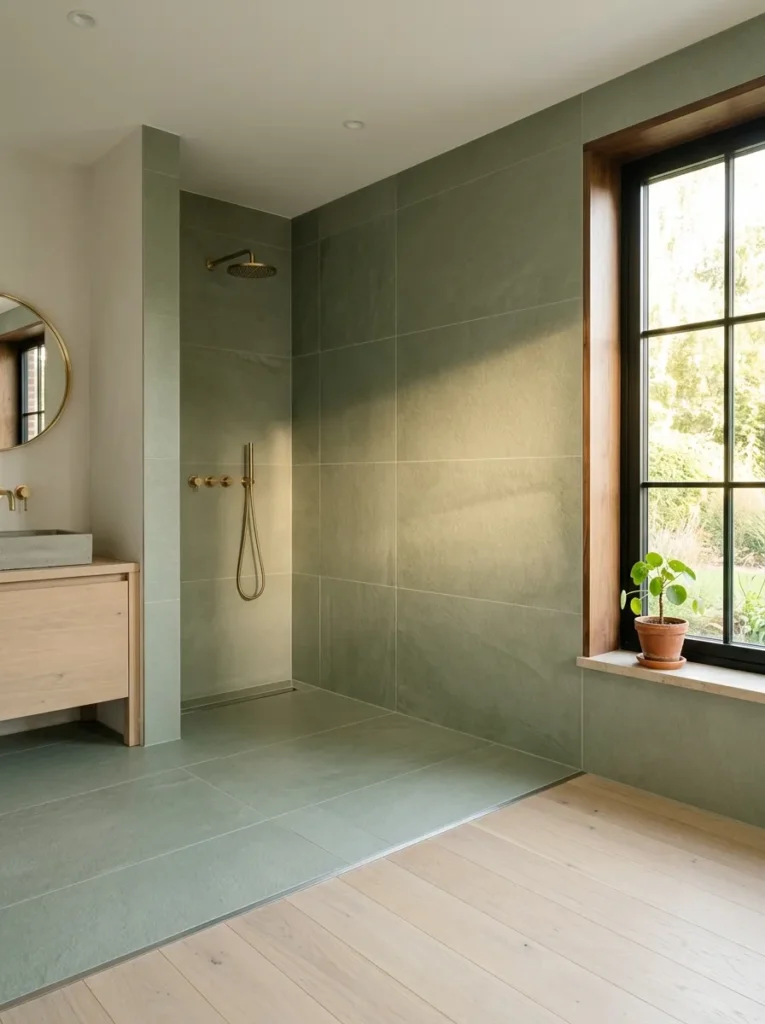 Shower tile extending continuously beyond the shower wall into the main bathroom space