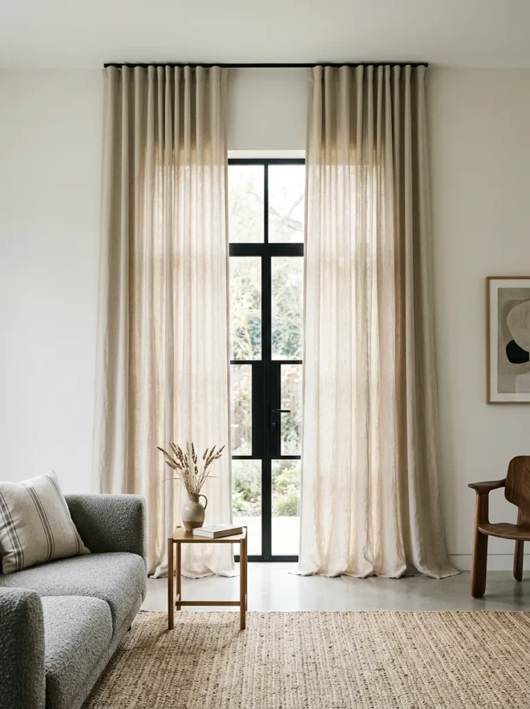 Ceiling-mounted linen curtains falling to the floor in an open-plan living room, the rod positioned high above the window frame to elongate the wall
