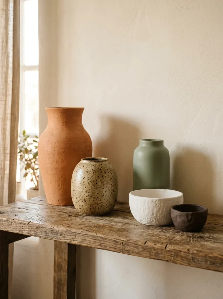 Group of five earthy ceramics at varying heights including terracotta, stoneware, and matte white on a wood shelf