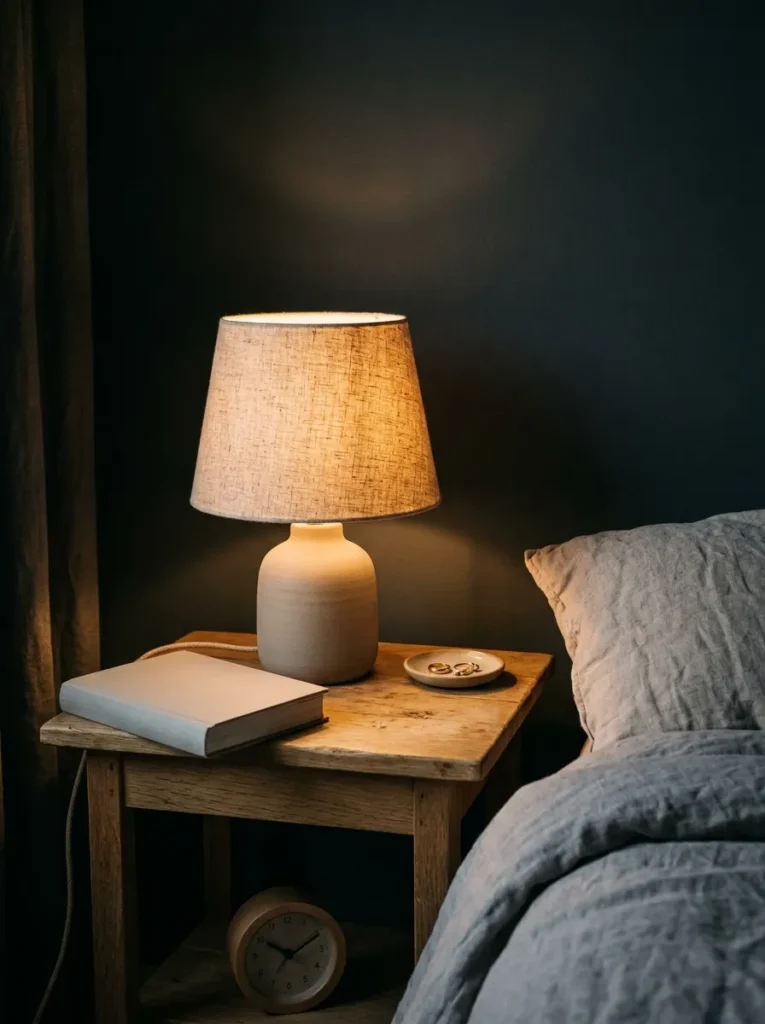 Small matte clay ceramic table lamp with a natural linen shade casting a warm amber pool of light on a Scandinavian bedside surface at evening