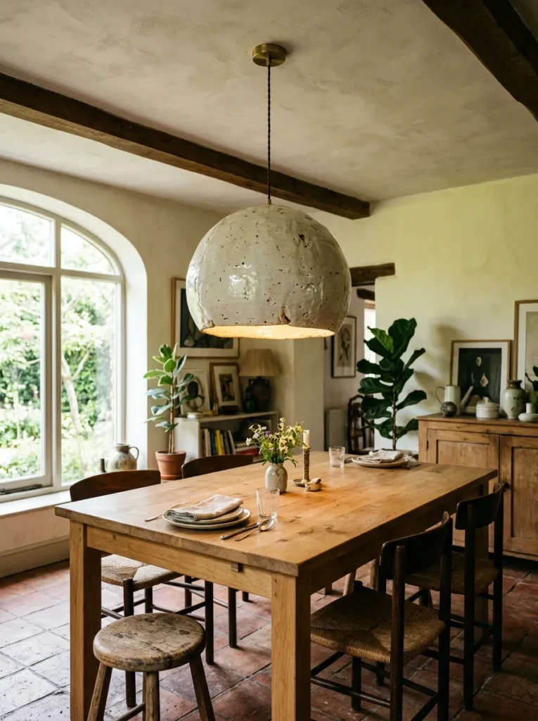 Large hand-formed ceramic pendant in off-white glaze hanging over an oak dining table, showing irregular form and warm interior glow