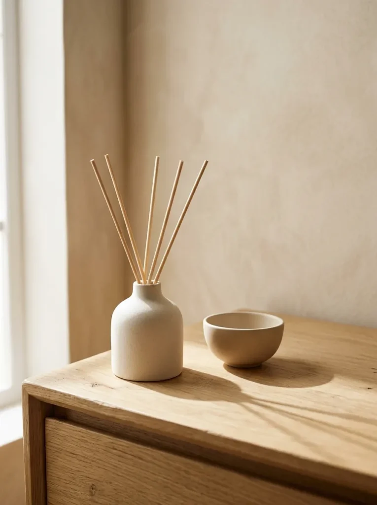 Matte ceramic reed diffuser with natural reeds on a minimal dresser surface, morning light casting reed shadows across the wood
