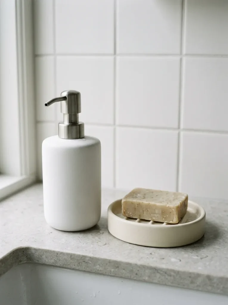 Matte white ceramic pump soap dispenser and matte cream ceramic soap dish on a clean bathroom vanity counter against white tile backsplash