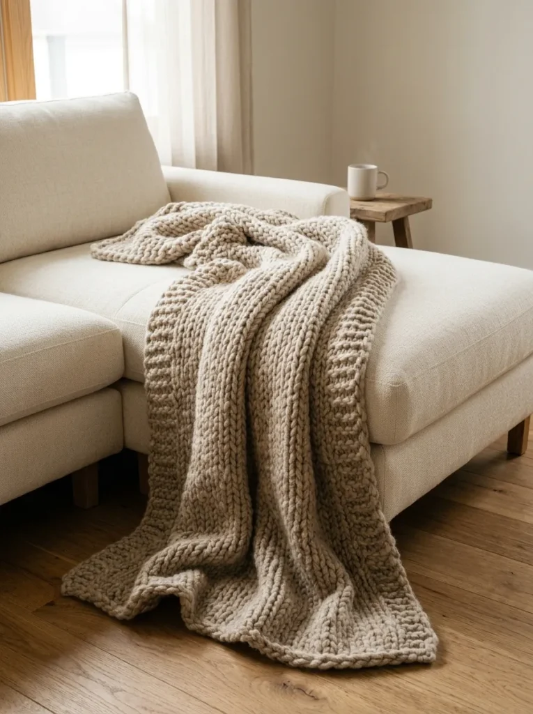 Cream sectional chaise end with a large chunky-knit oatmeal throw draped generously over the surface and falling toward the floor in morning light