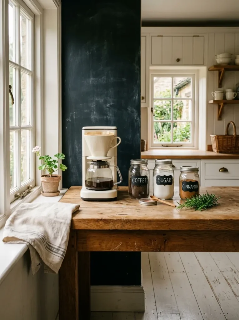 Cottage kitchen coffee corner with a chalkboard wall behind the machine and labeled glass jars 