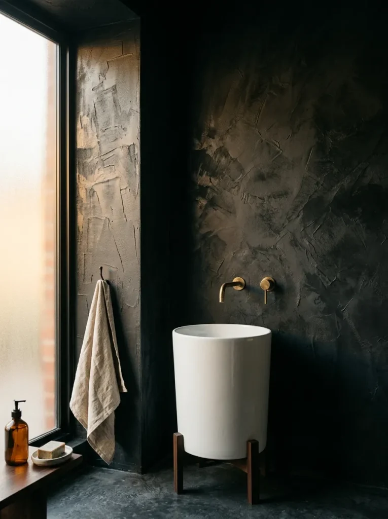 Deep charcoal Venetian plaster bathroom walls showing trowel-mark texture in raking afternoon light, with a white basin and brass tap in the corner