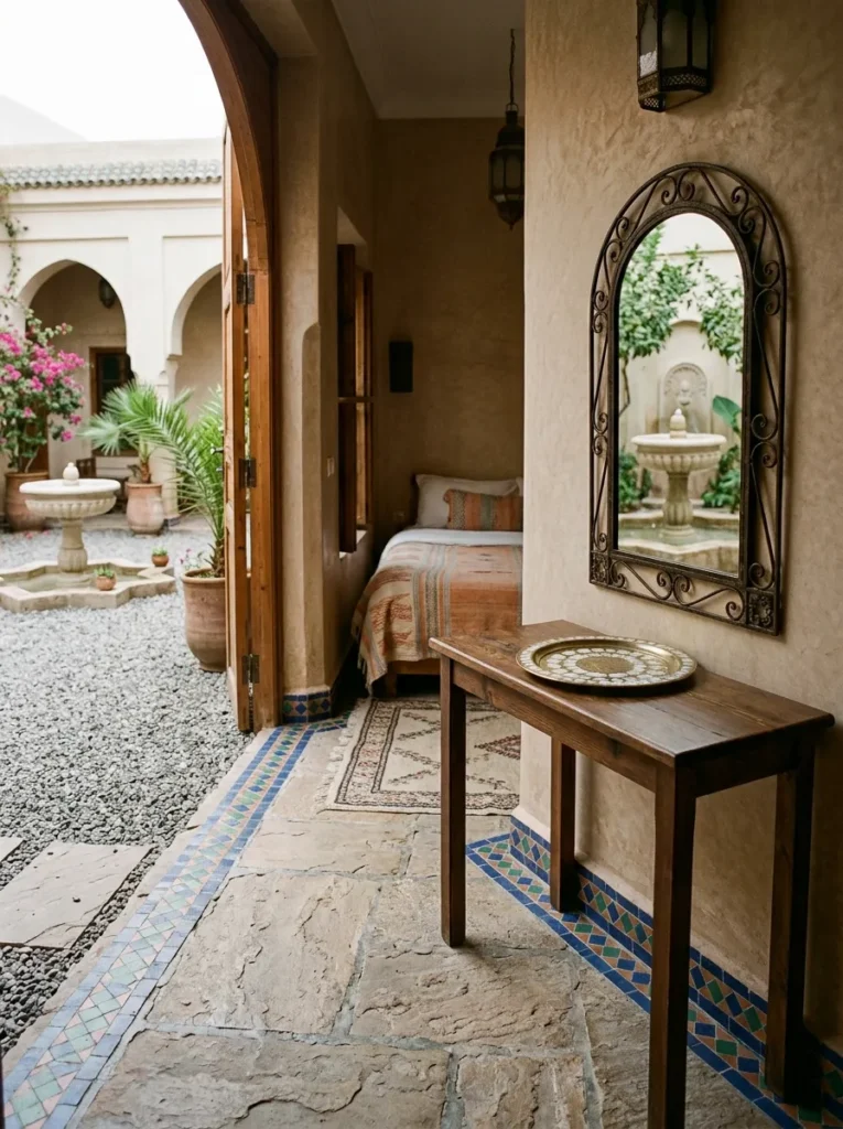 Small vanity table with a single tray and mirror above it in a Marrakech riad-adjacent bedroom.