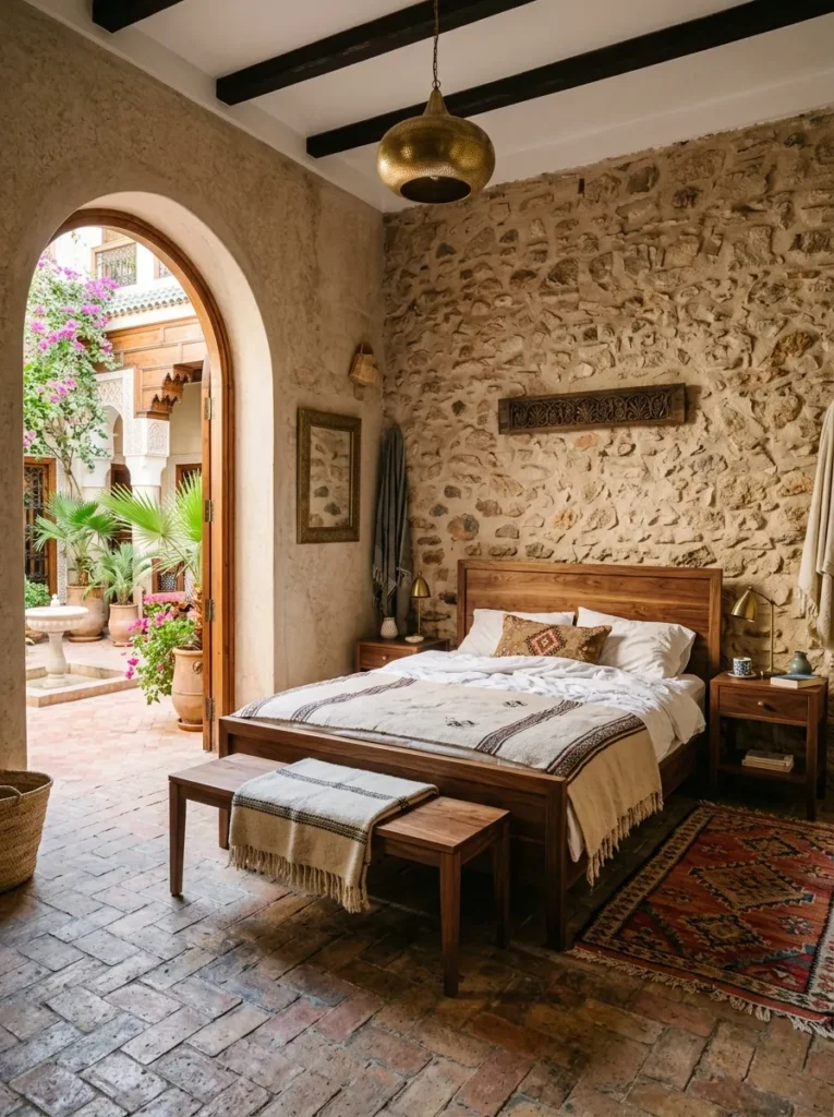 Consistent walnut tones across the bed frame, nightstands, and bench in a Marrakech riad bedroom.