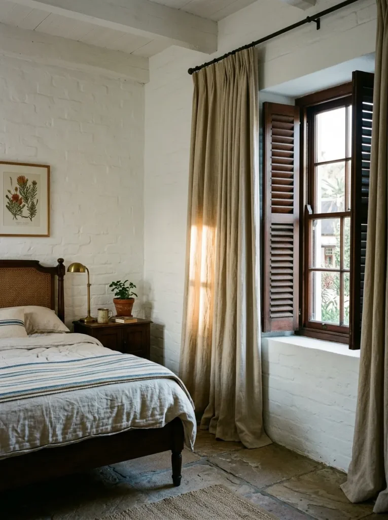 Floor-length linen curtains mounted high and wide beyond the window frame in a Cape Town colonial bedroom.
