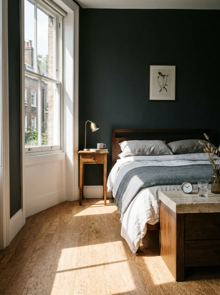 Mismatched tall and low nightstands flanking a bed in a Georgian townhouse bedroom in London.