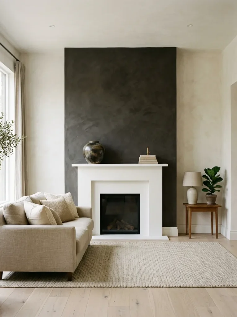 Living room chimney breast in charcoal limewash plaster with a white fireplace surround and minimal mantel styling
