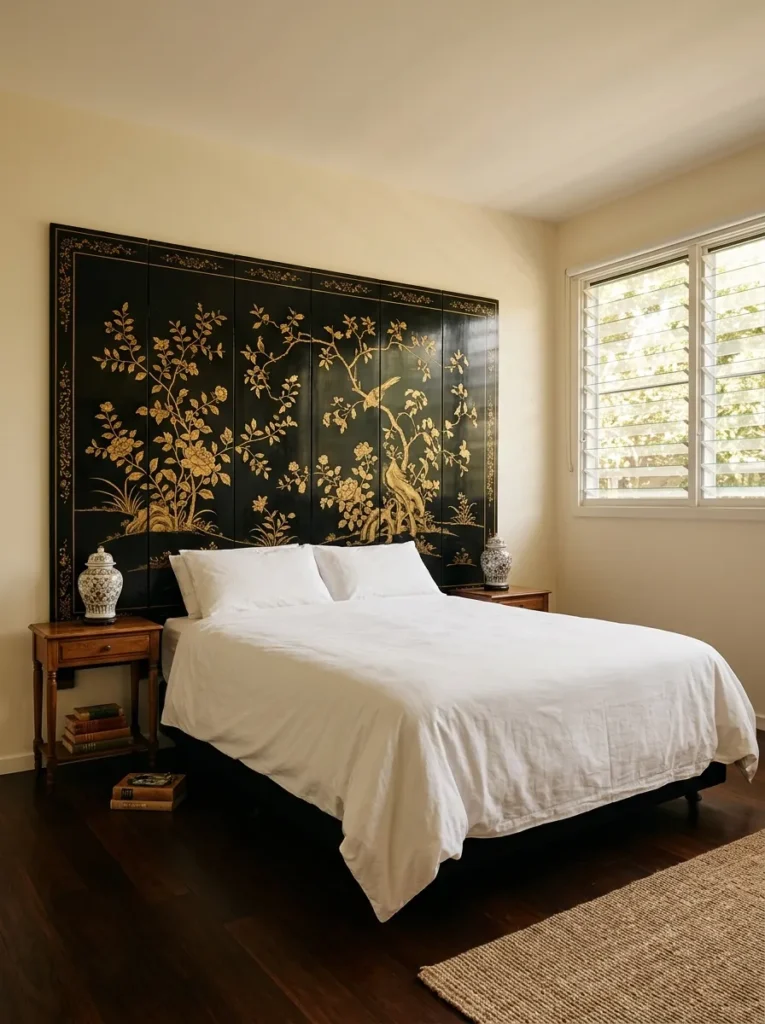  Large antique chinoiserie hand-painted panel mounted behind a bed in a vintage bedroom